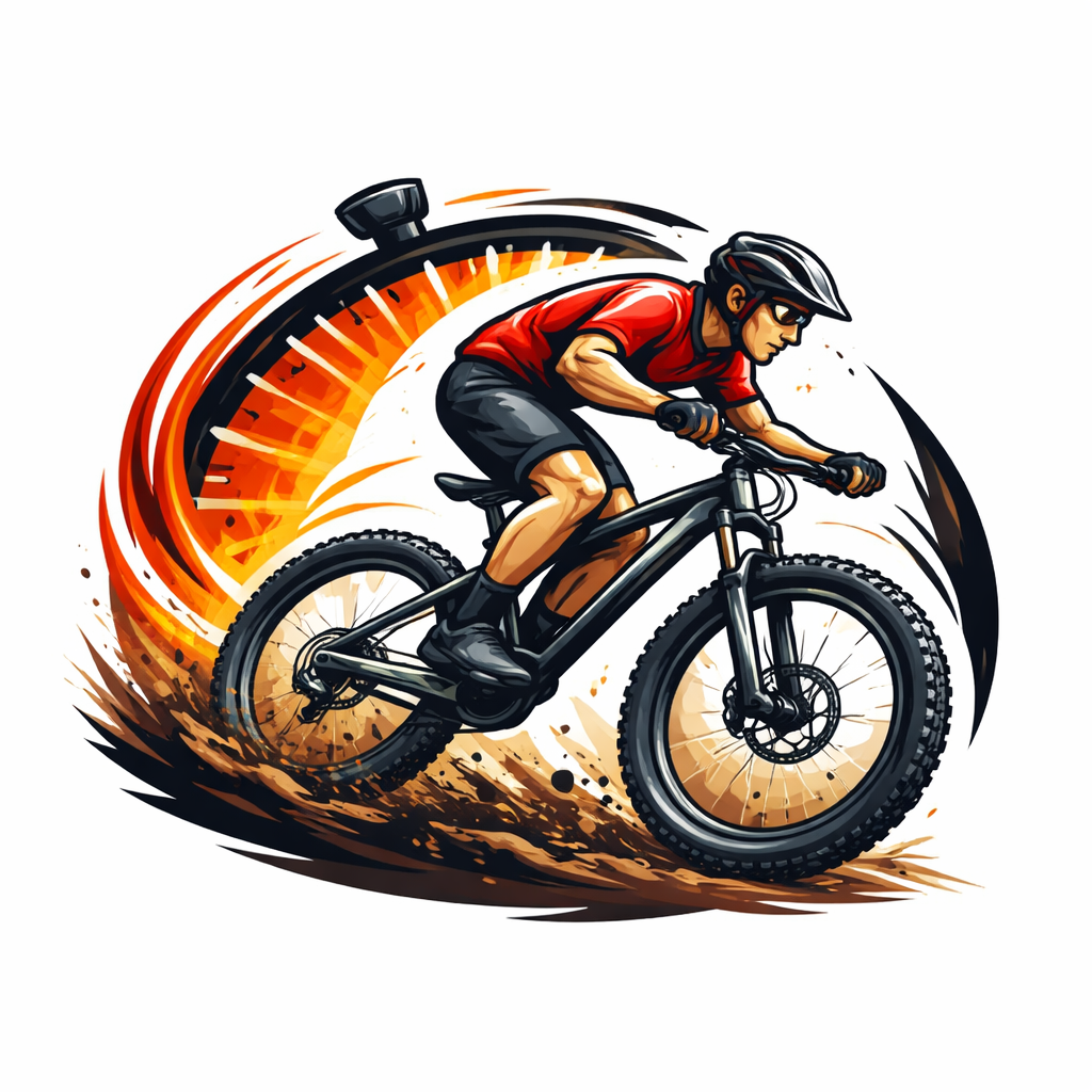 Mountain bike rider icon with trail and mountains in dynamic racing style